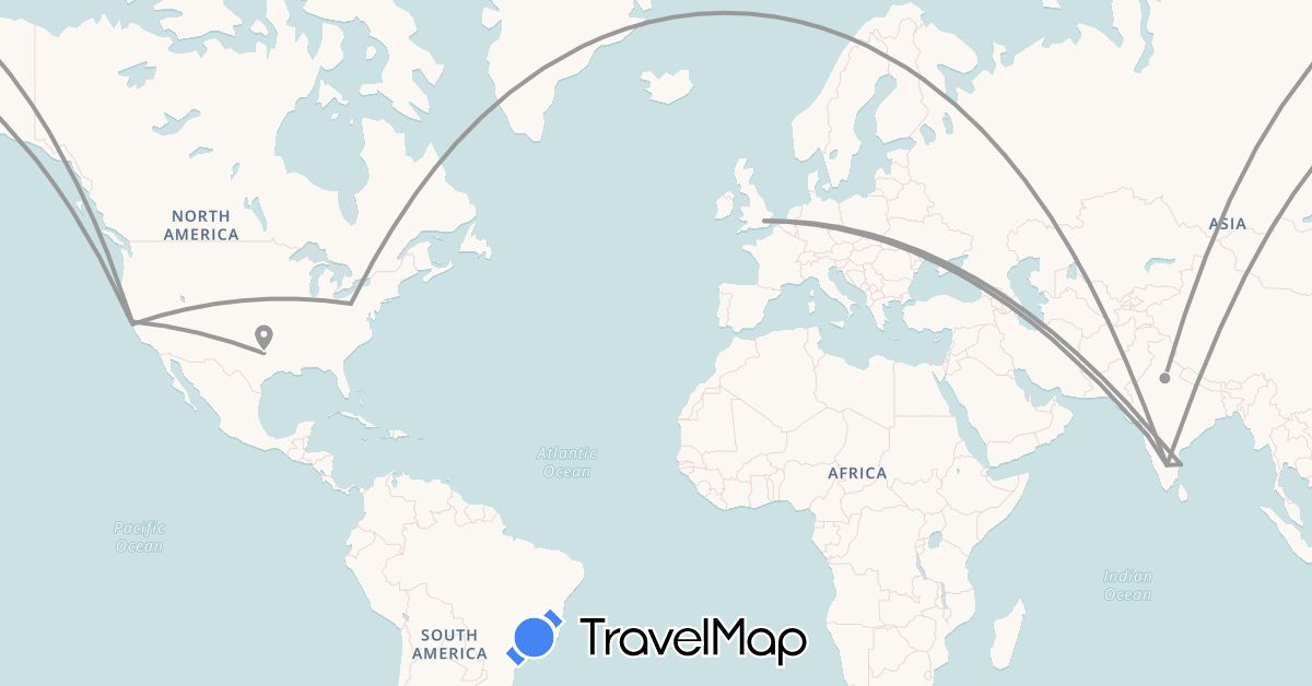 TravelMap itinerary: driving, plane in United Kingdom, India, United States (Asia, Europe, North America)